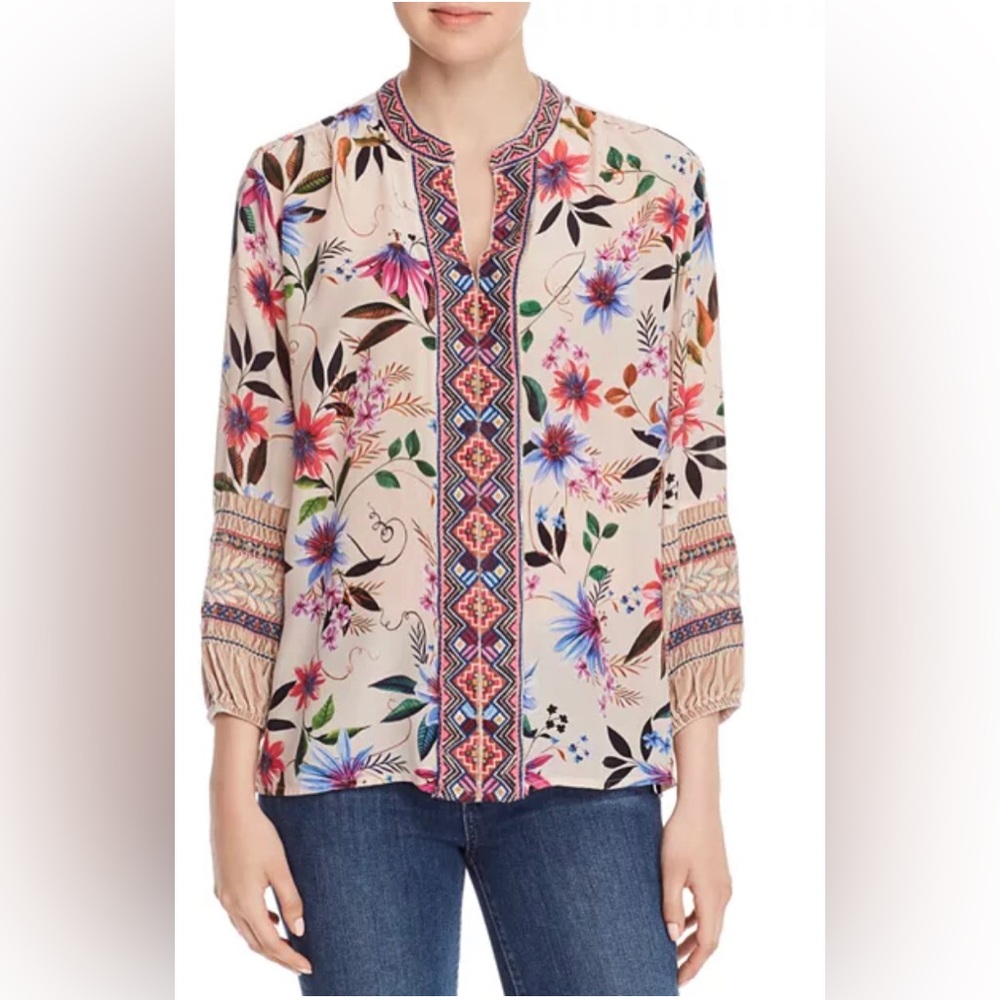 Johnny Was Paris Silk Embroidered-Trim Blouse